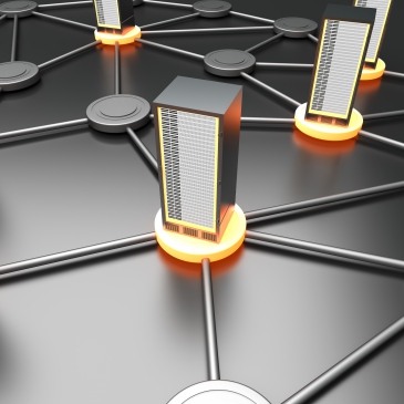 Connected cloud of 19 inch server towers. 3D rendered illustration.